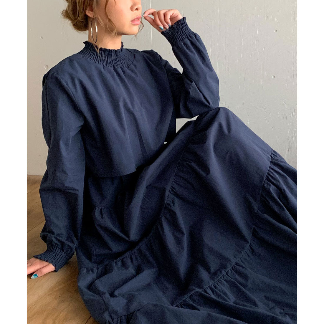 ジュノア JUNOAH セットアップ風長袖ティアードロングワンピース (ネイビー) ネイビー