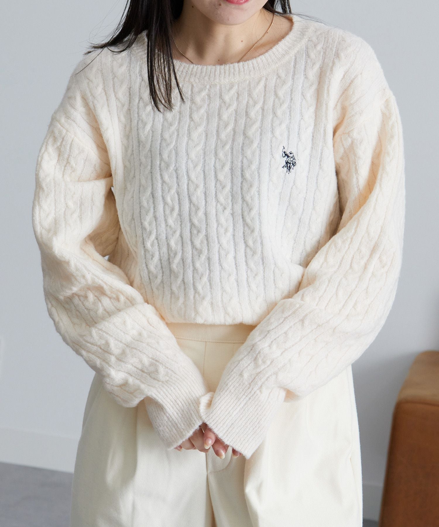 ラナン Ranan <U.S.POLO ASSN./ユーエスポロアッスン> ワンポイントケーブルニット,オフホワイト