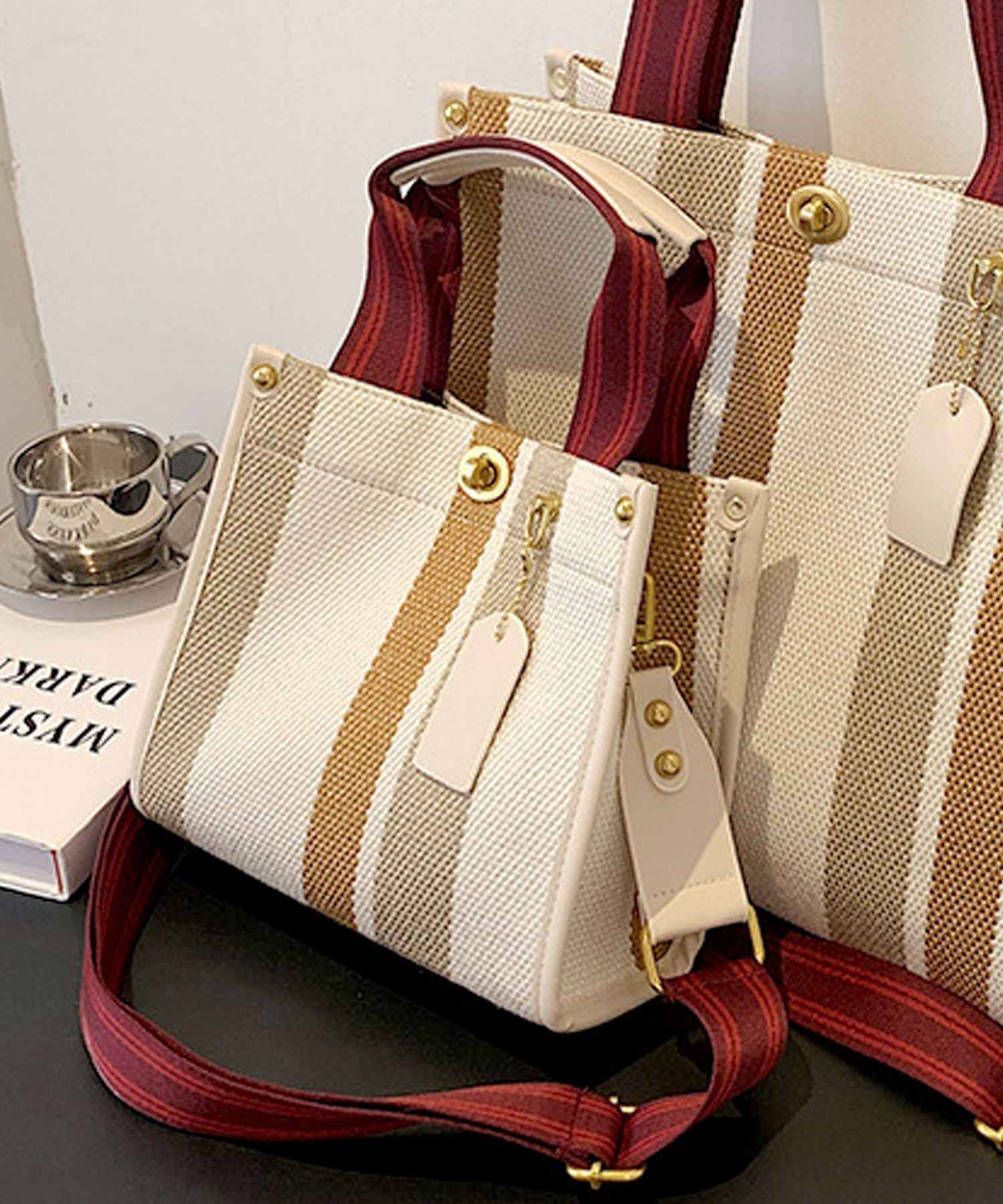 フロージュ florge 【2size展開】【3way】レトロストライプキャンバストートバッグ/ショルダーバッグ Sサイズ,ホワイト×マスタード