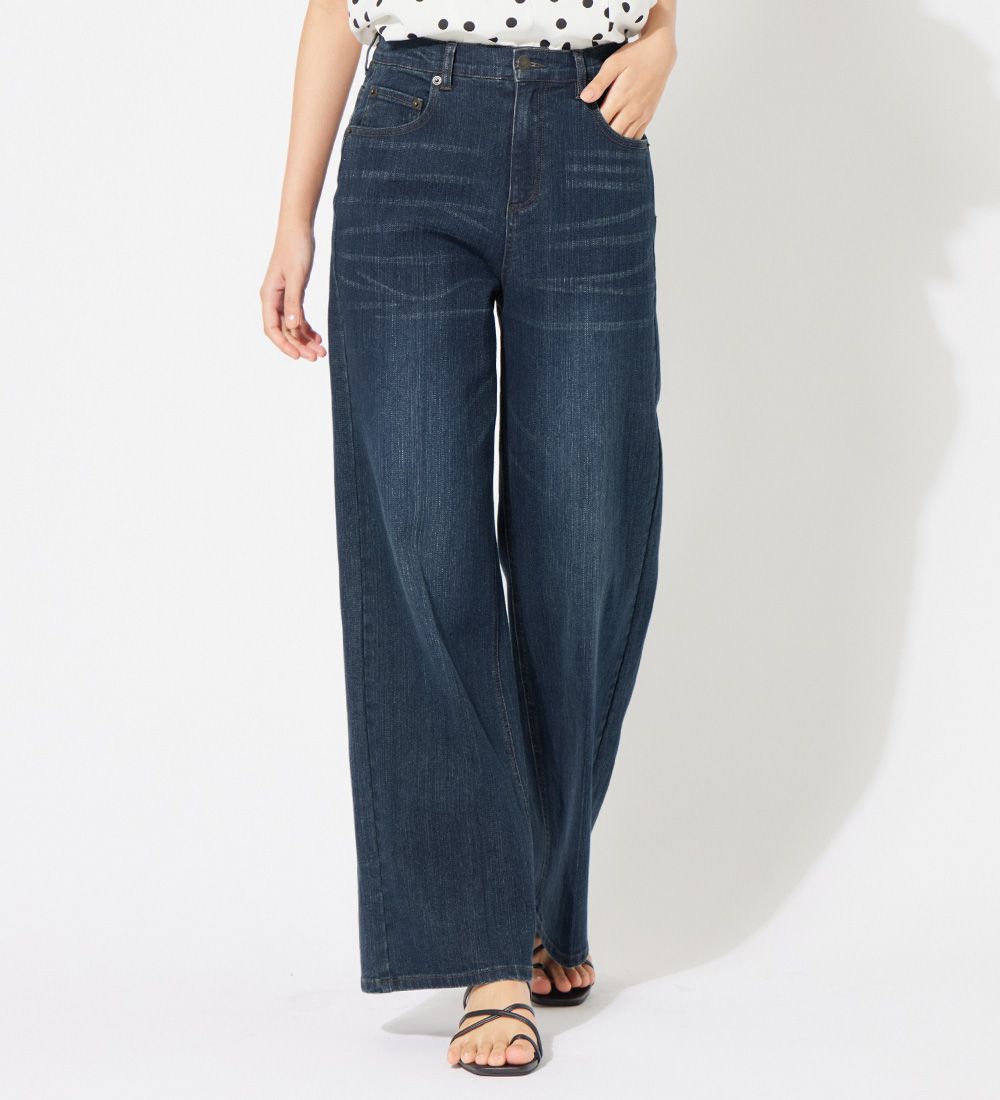 きれいめストレッチカラーワイドパンツ,ネイビーウォッシュ