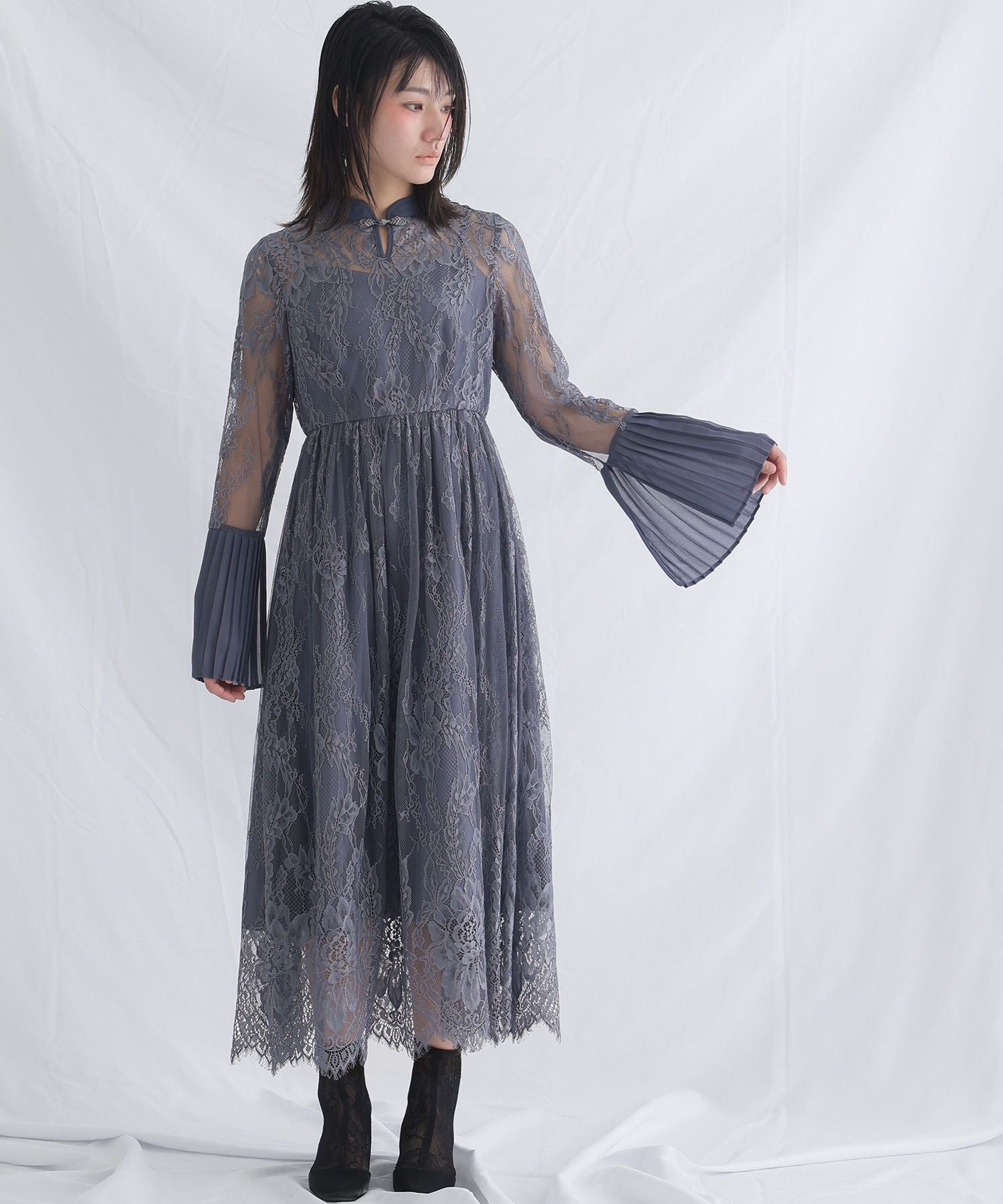 プールヴー PourVous 袖あり&ミモレ丈パーティードレスチャイナ風お呼ばれ結婚式フォーマル ワンピース 20代 30代 40代,ブルー