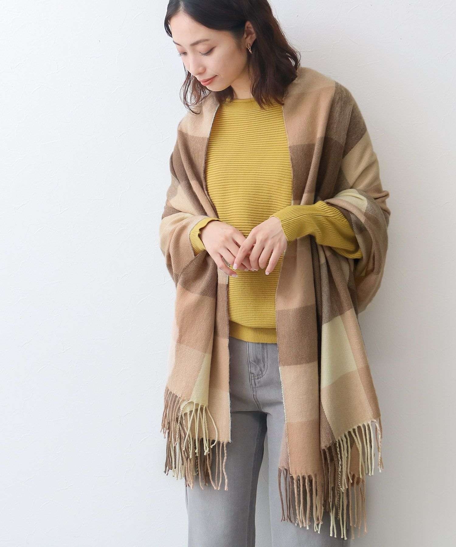 ソーシャルガール SocialGIRL 大判チェックストール,アイボリーベージュ