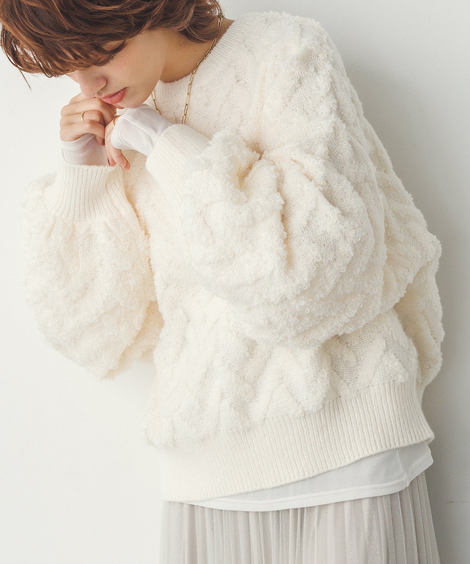 ハンチ hunch モヘアタッチヘリンボーン柄編みニット (オフホワイト) オフホワイト