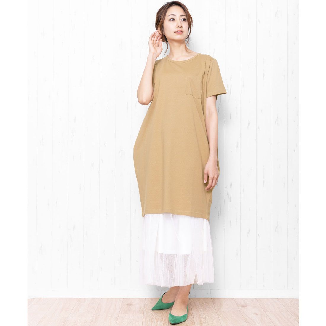 ミリアンデニ mili an deni ポケ付きTワンピ,ダークベージュ