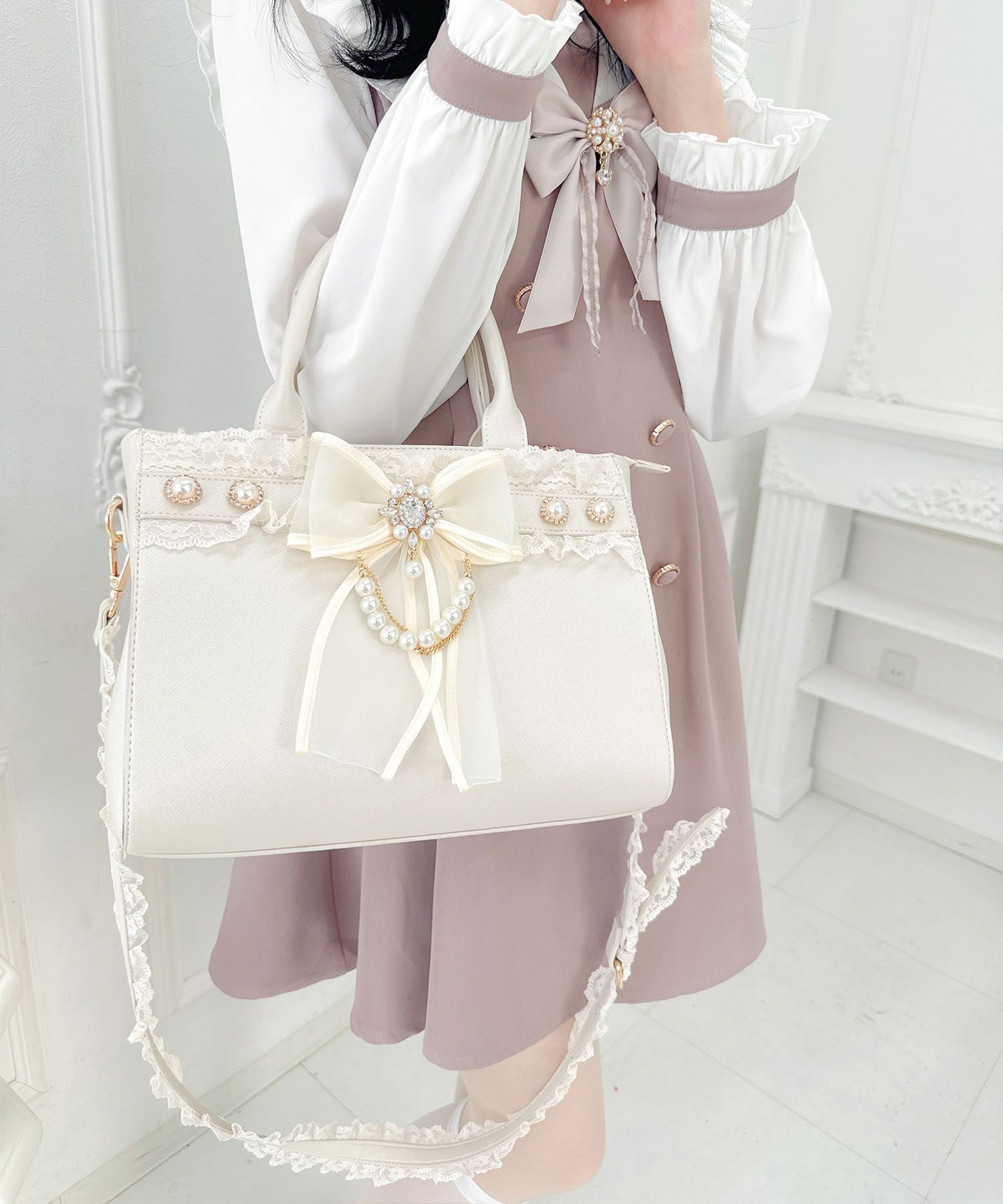 ロジータ ROJITA チュールリボン付き2wayバッグ,ホワイト