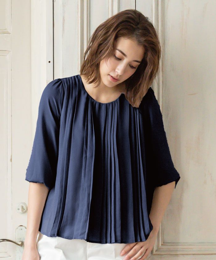 アクアガレージ aquagarage シフォンブラウス レディース 7分袖 半袖,ネイビー