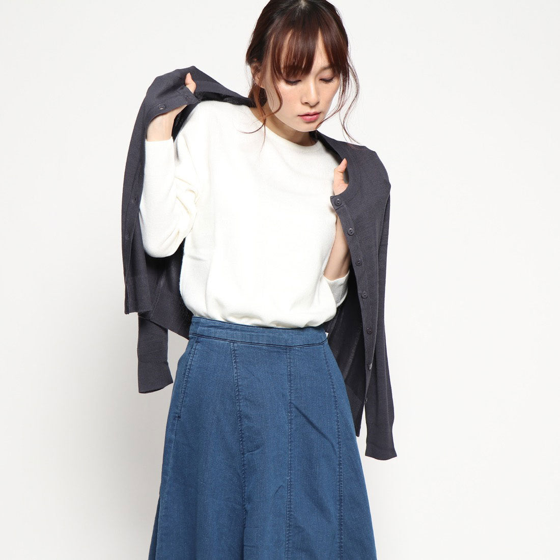 コウベレタス KOBE LETTUCE 洗えるシルクタッチカーディガン【丸首ミディアム丈】(チャコールグレー) チャコールグレー