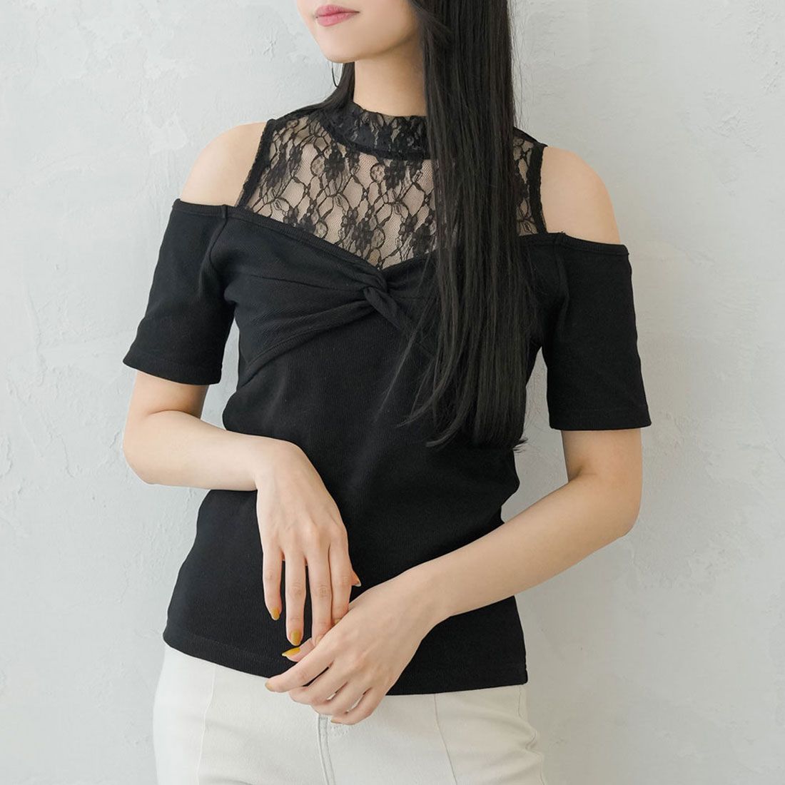 ユメテンボウ 夢展望 レースレイヤードテレコリブトップス,ブラック×ブラック