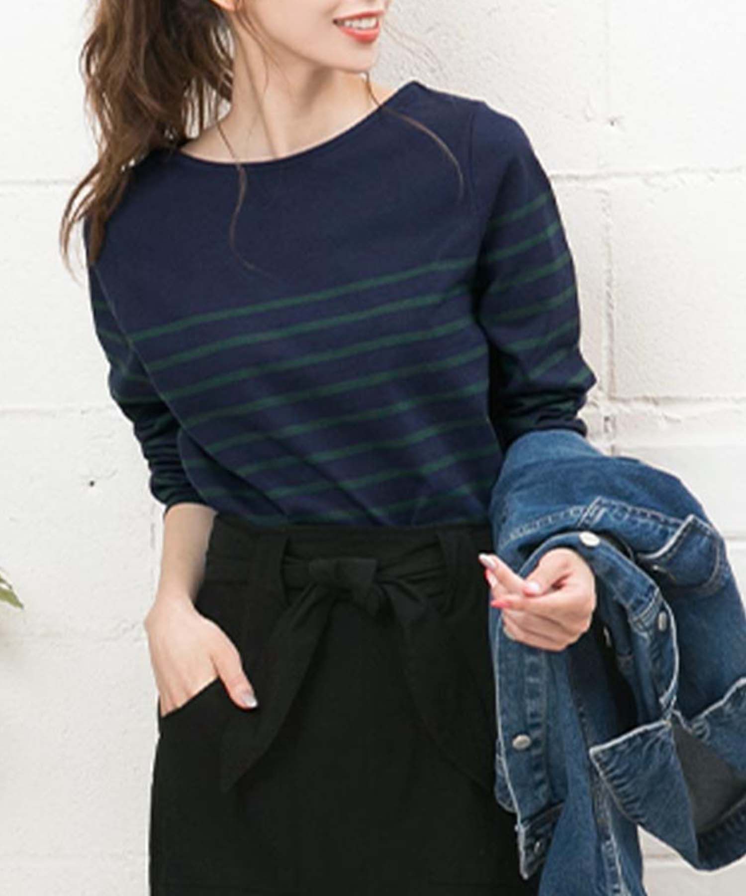 コウベレタス KOBE LETTUCE 【コットン100%】ボーダーカットソー【パネル】,ネイビー×グリーン