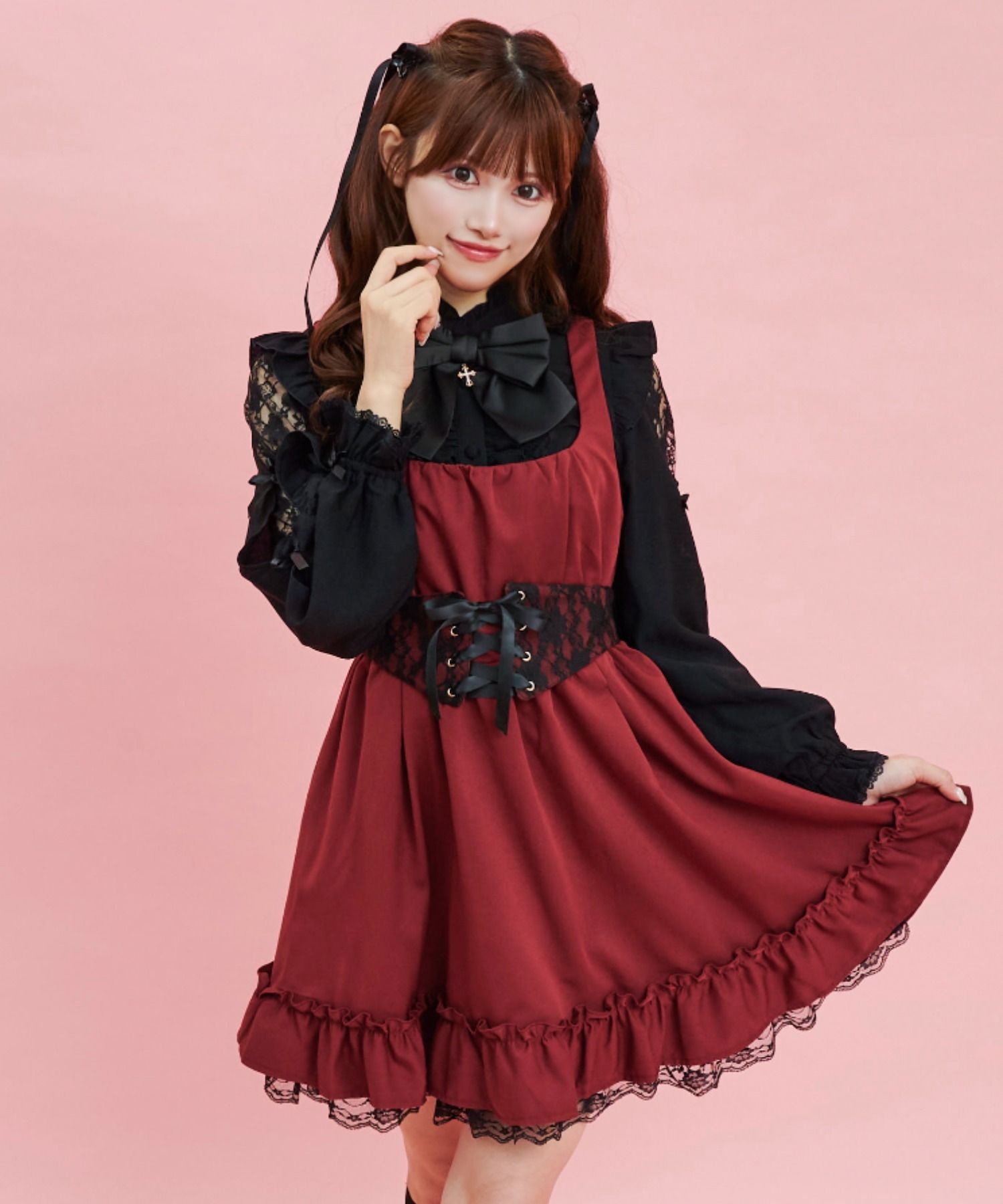 シークレットハニー Secret Honey コルセット付バックリボンジャンパードレス,ワイン