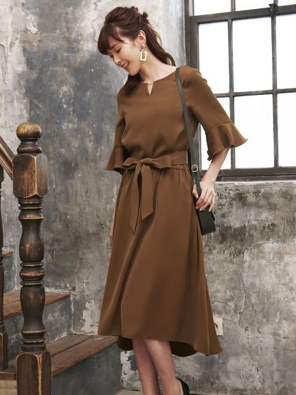 選べる2タイプのTOPS デザインスリーブフレアスカートセットアップ,ブラウン