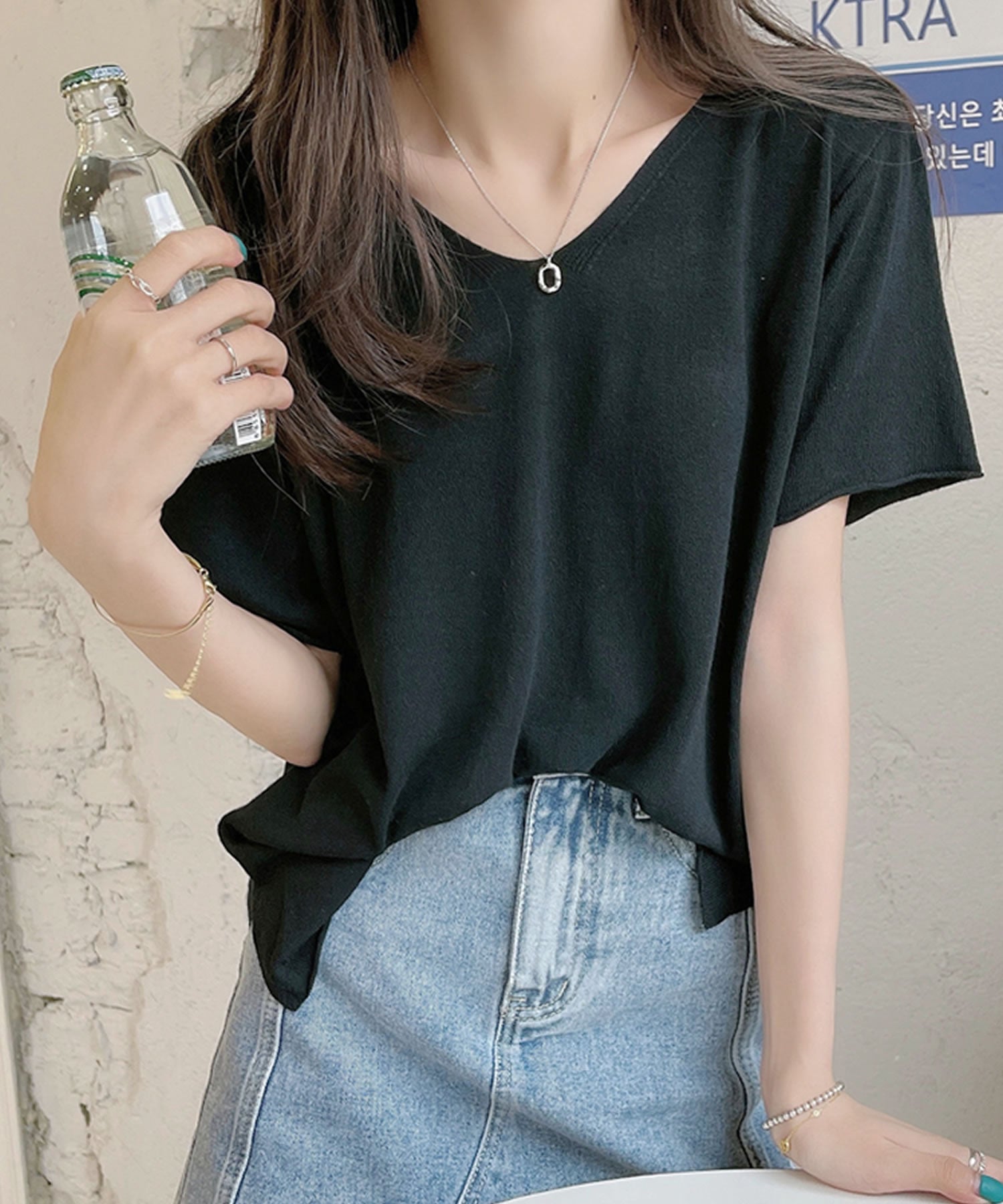 グランディール Grandeir 全4色 Vネック五分袖サマーニットトップス (ブラック) ブラック