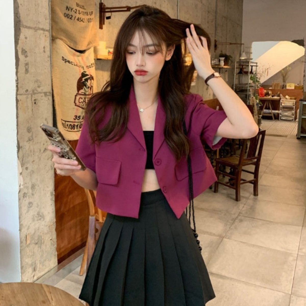 ベルシー Belle Cie シャツ ショートシャツ 短丈 カラバリ シンプル 派手 半袖 レディース 韓国ファッション フェイクポケット 羽織り かっこいい 大人 衣装 ダンス,ボルドー