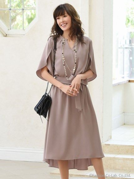 選べる2タイプのTOPS デザインスリーブフレアスカートセットアップ,ローズグレー