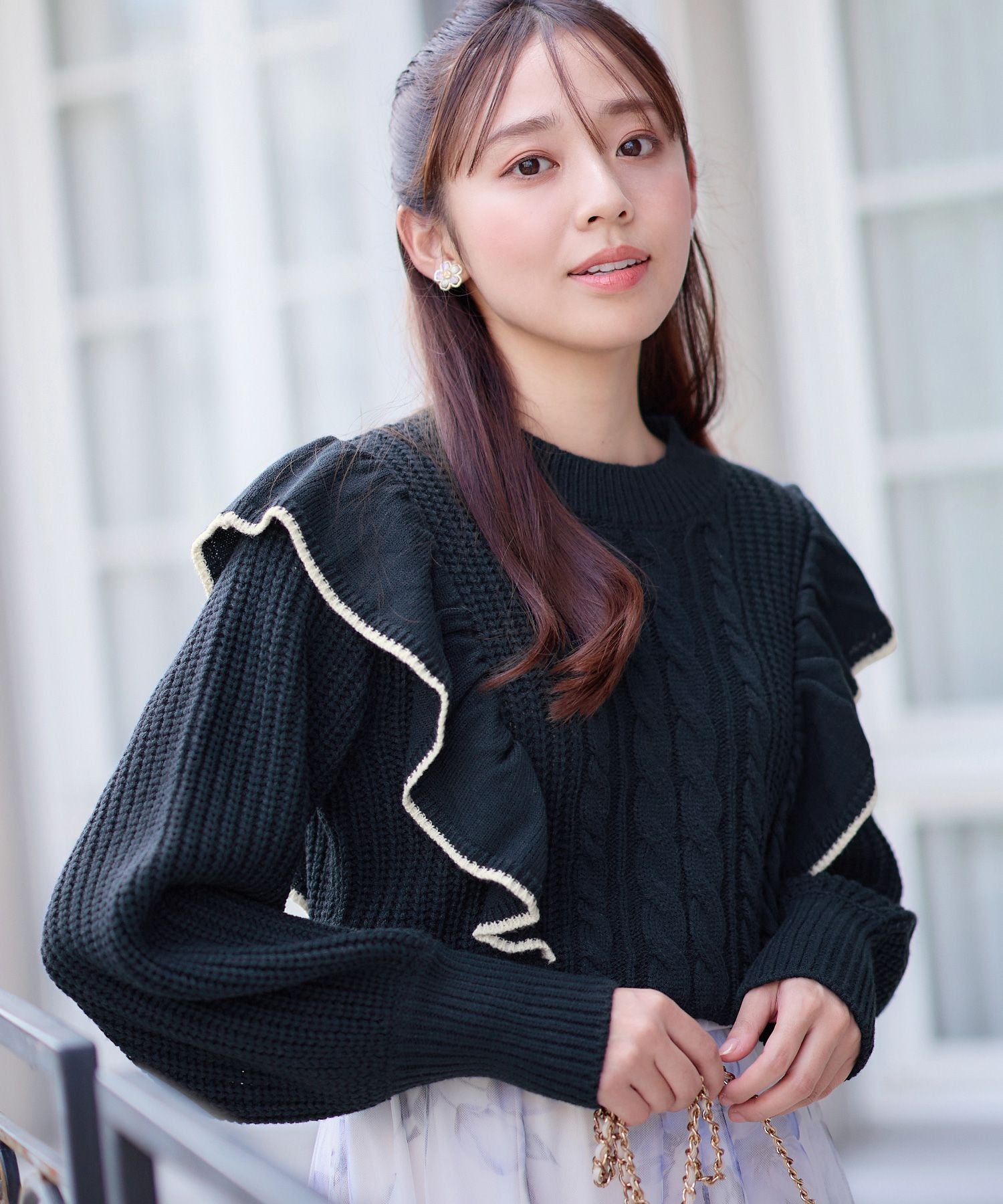 アロッタ Alotta 配色フリルケーブルニット,ネイビー