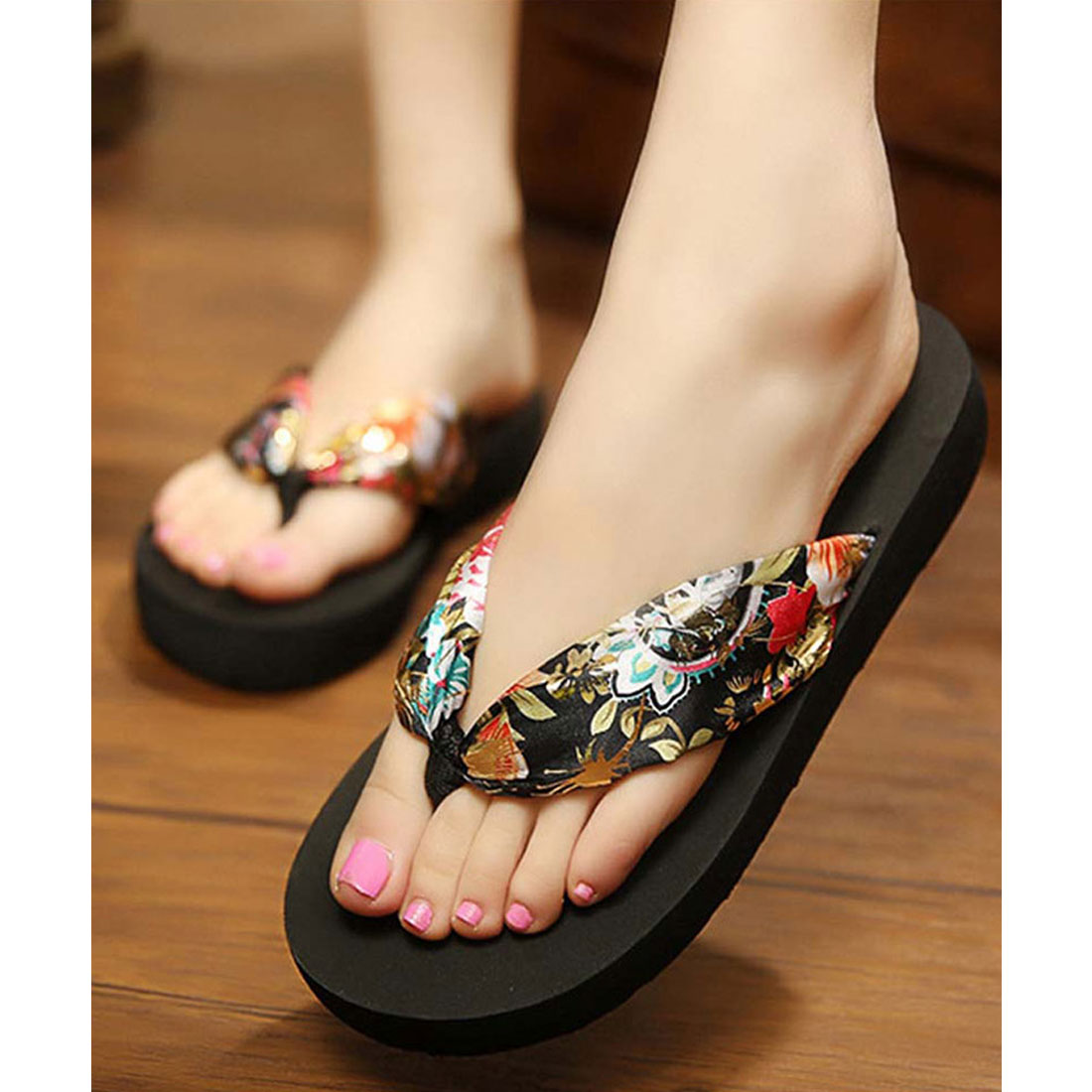 トングサンダル レディース ブラックA(フラワー)