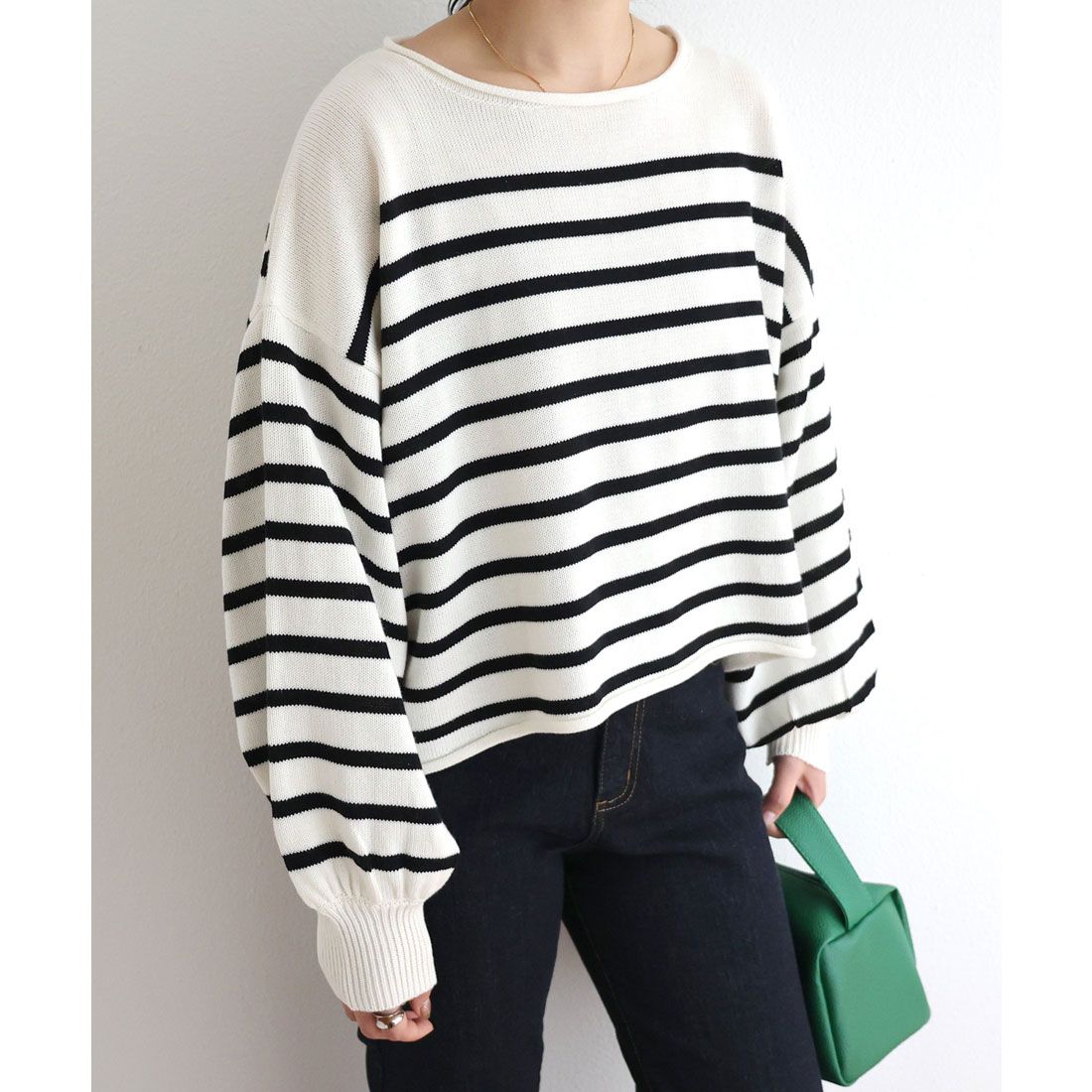 アンドミー andme アクリルコットン長袖7G天竺編みボーダーニット トップス,オフホワイト×ブラック