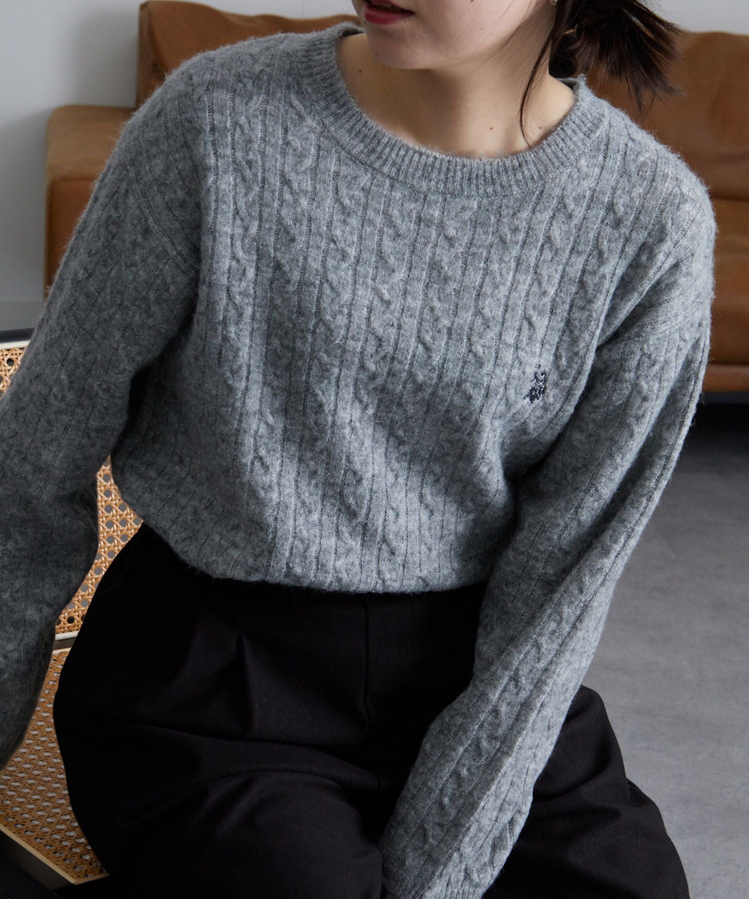 ラナン Ranan <U.S.POLO ASSN./ユーエスポロアッスン> ワンポイントケーブルニット,モクグレー