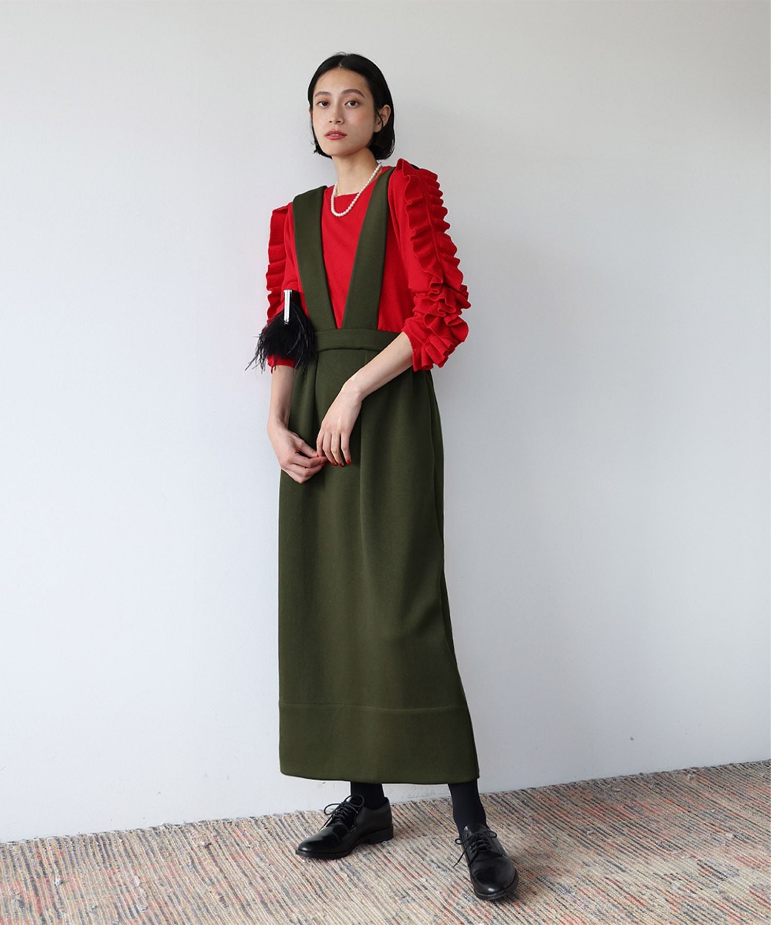 エルフランク ELFRANK サスペンダー付きハイウエストロングスカート,カーキ