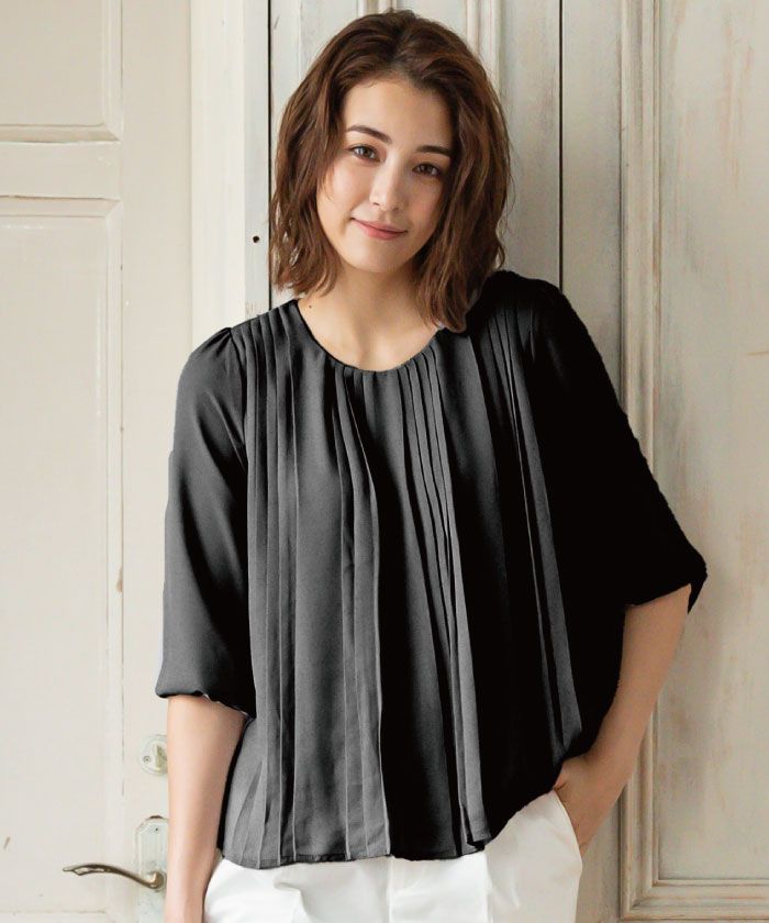 アクアガレージ aquagarage シフォンブラウス レディース 7分袖 半袖,ブラック