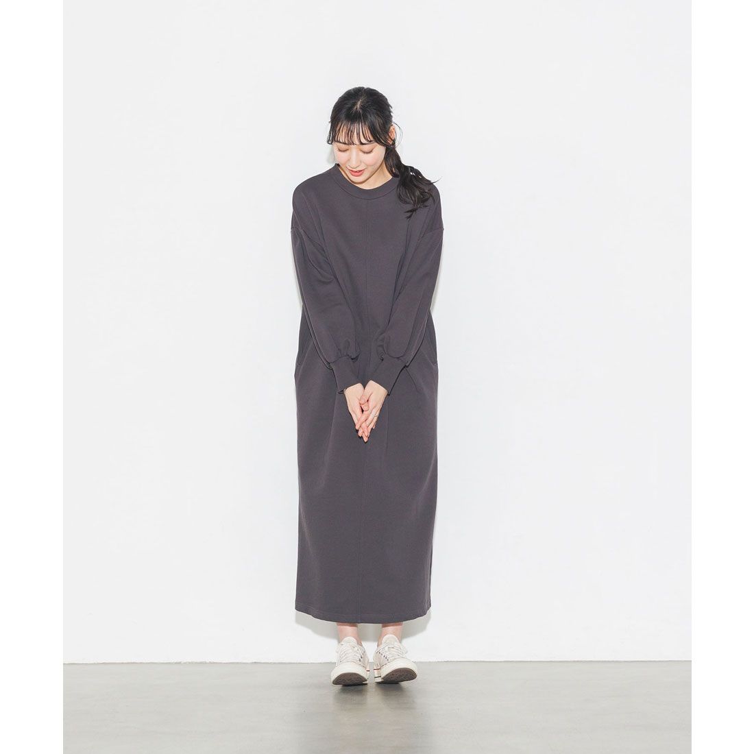 ハンチ hunch 無地 ミニ裏毛 ネックスリット 2WAY ワンピース | レディース ワンピース ロング ロングワンピース スウェット 長袖,チャコール