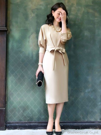バルーンスリーブワンピース,ベージュ