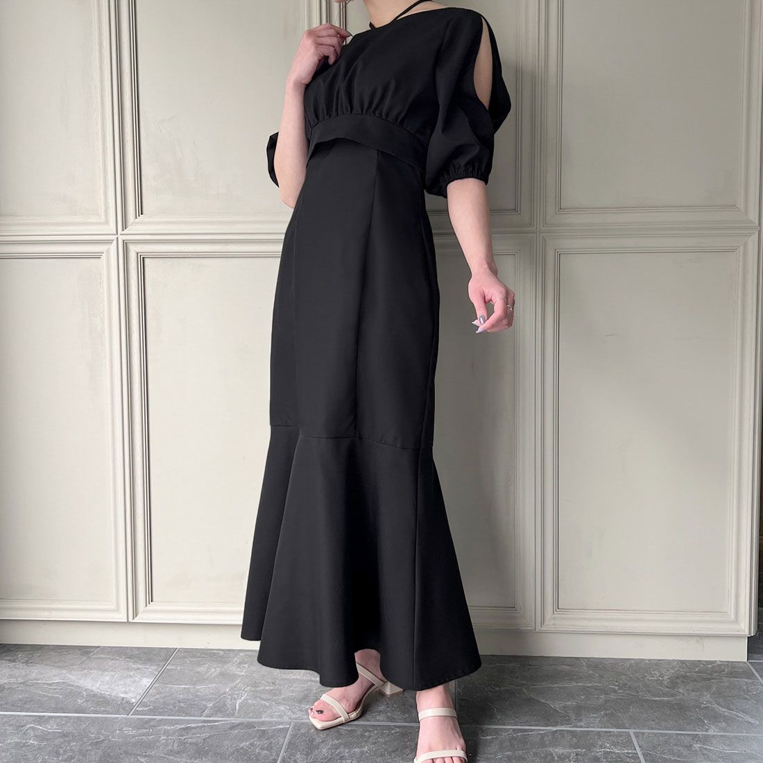 ジュノア JUNOAH スリットスリーブトップス+マーメイドキャミワンピースset