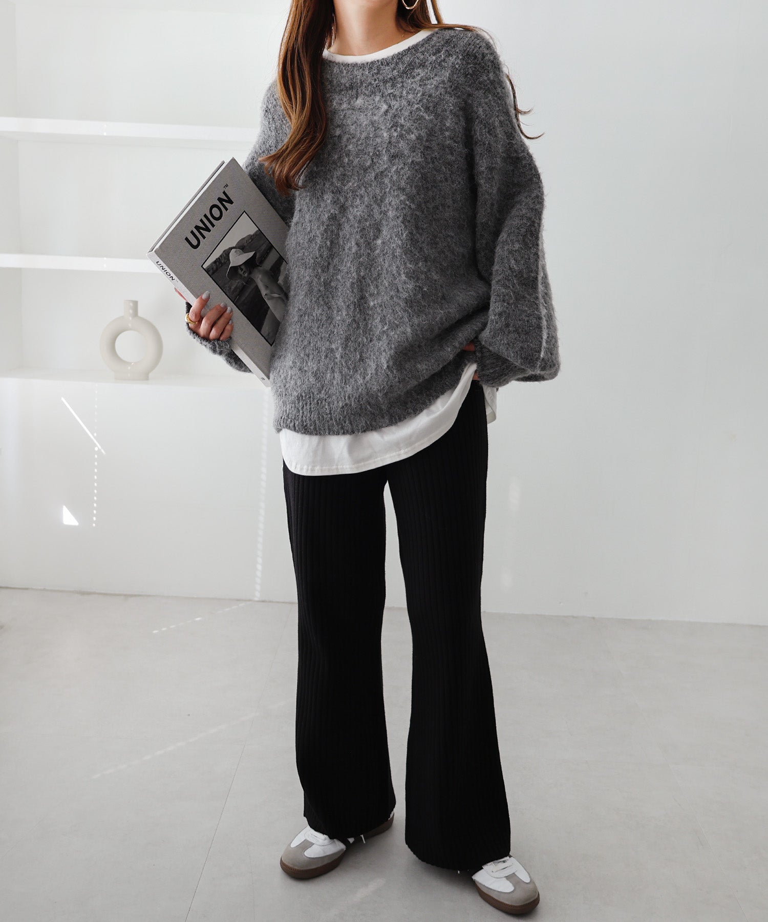 アンドミー andme ストレッチリブニットフレアパンツ ウエストゴム (ブラック) ブラック