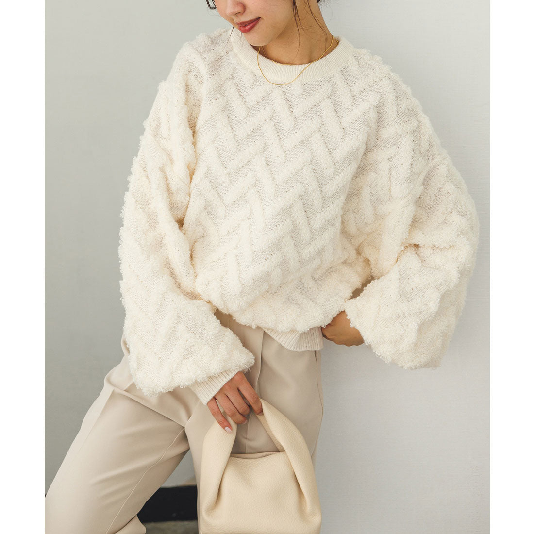 ハンチ hunch モヘアタッチヘリンボーン柄編みニット (オフホワイト) オフホワイト