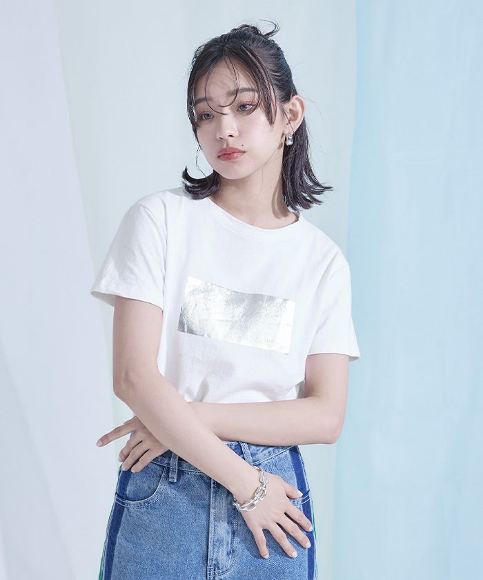 ミエット miette シルバー箔プリントTシャツ