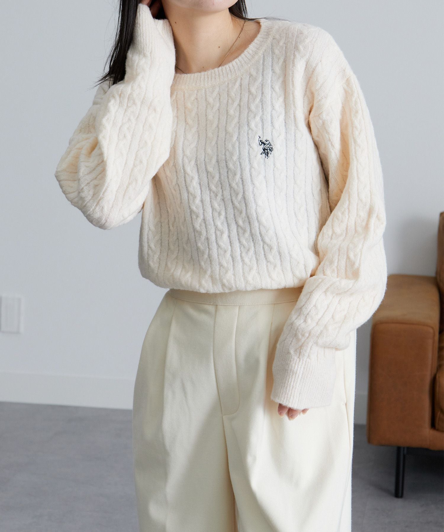 ラナン Ranan <U.S.POLO ASSN./ユーエスポロアッスン> ワンポイントケーブルニット