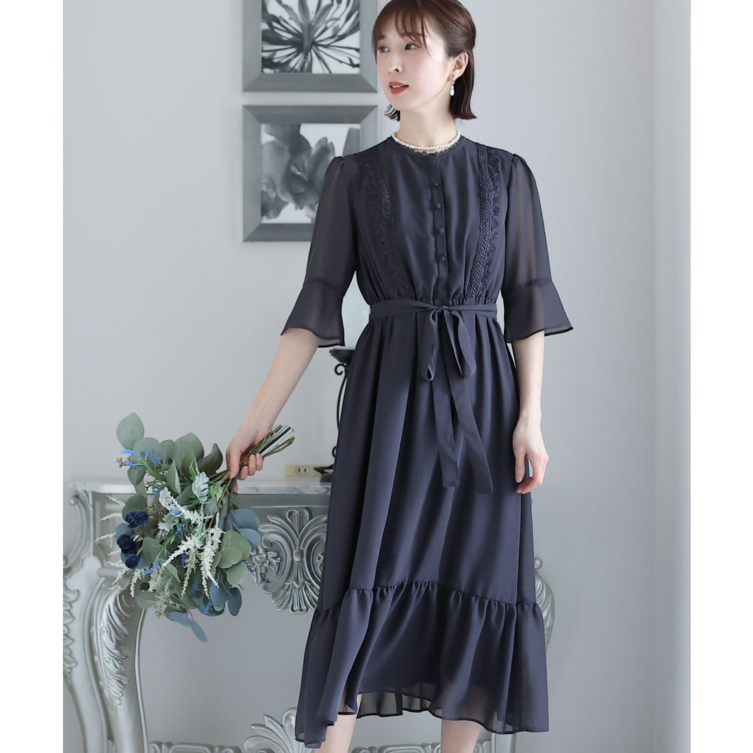 プールヴー PourVous ベルスリーブパーティードレス大きいサイズロング&七分袖結婚式フォーマル ワンピース 20代 30代 40代 (ブルー) ブルー