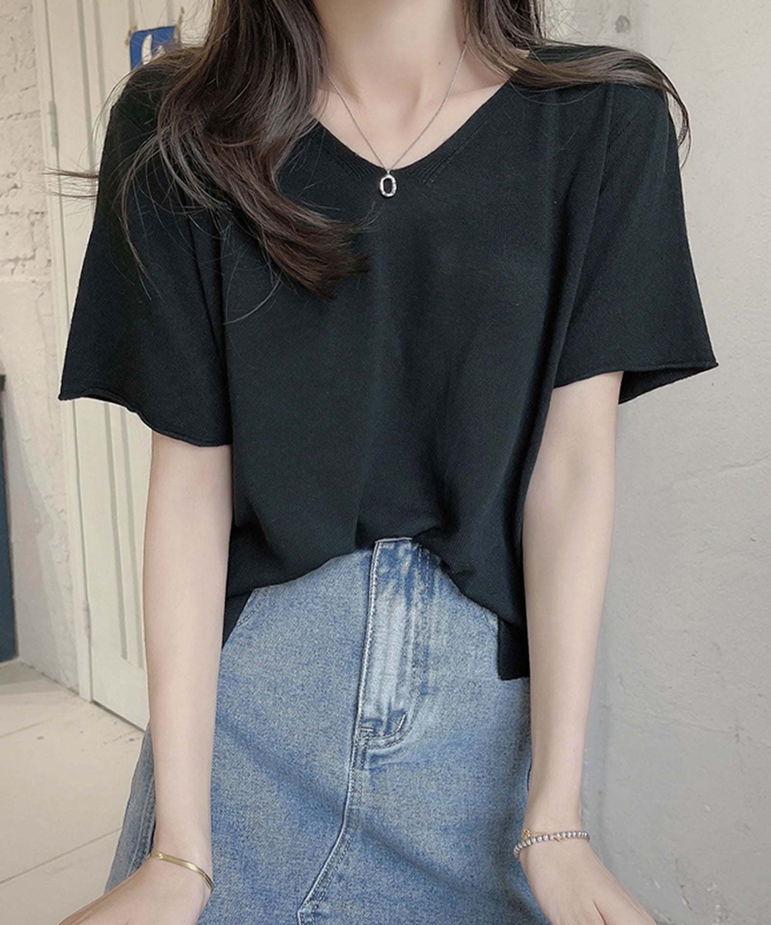 グランディール Grandeir 全4色 Vネック五分袖サマーニットトップス (ブラック) ブラック