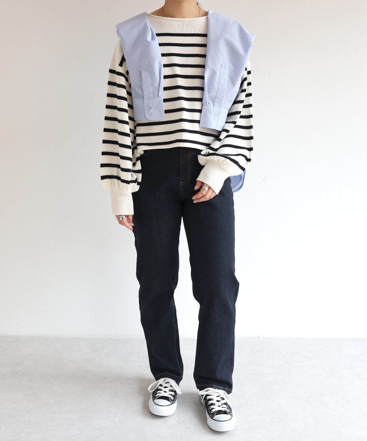 アンドミー andme アクリルコットン長袖7G天竺編みボーダーニット トップス