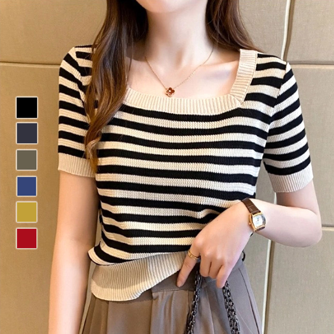 デューリリー Dewlily ボーダーサマーニット 韓国ファッション 10代 20代 30代 スクエアネック カジュアル ボーダーデザイン コンパクト 豊富なカラーバリエーション (ブラック) ブラック