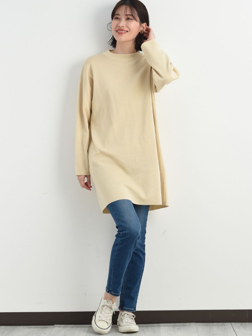 インタープラネット INTERPLANET ゴム地ミニ釦ハイネックチュニック