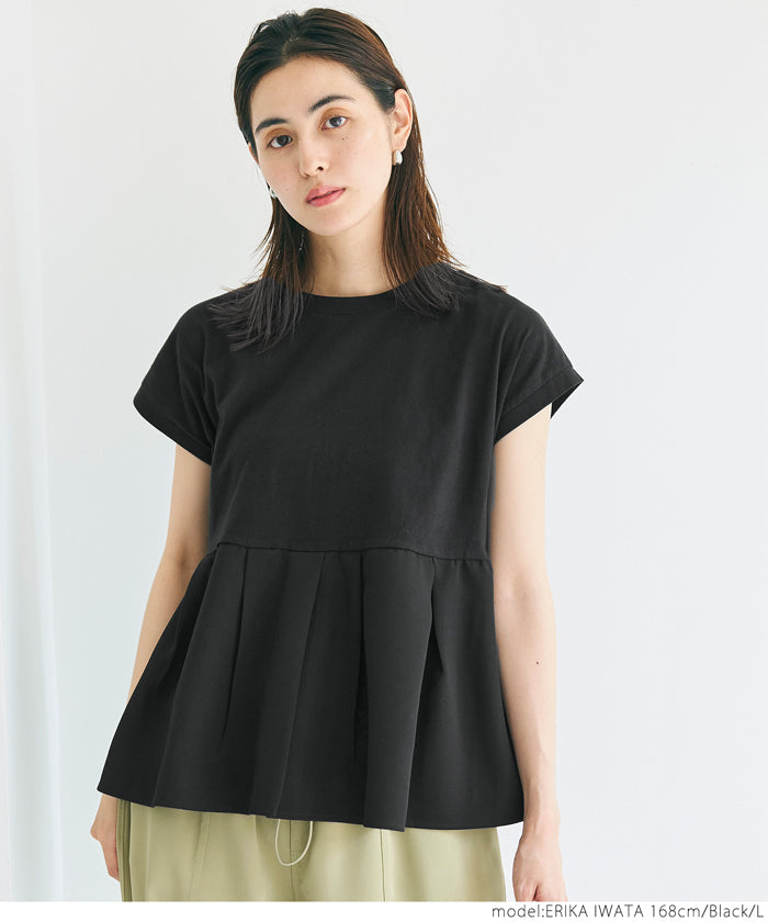 コカ coca 異素材切り替えフレンチスリーブフレアトップス (White) White