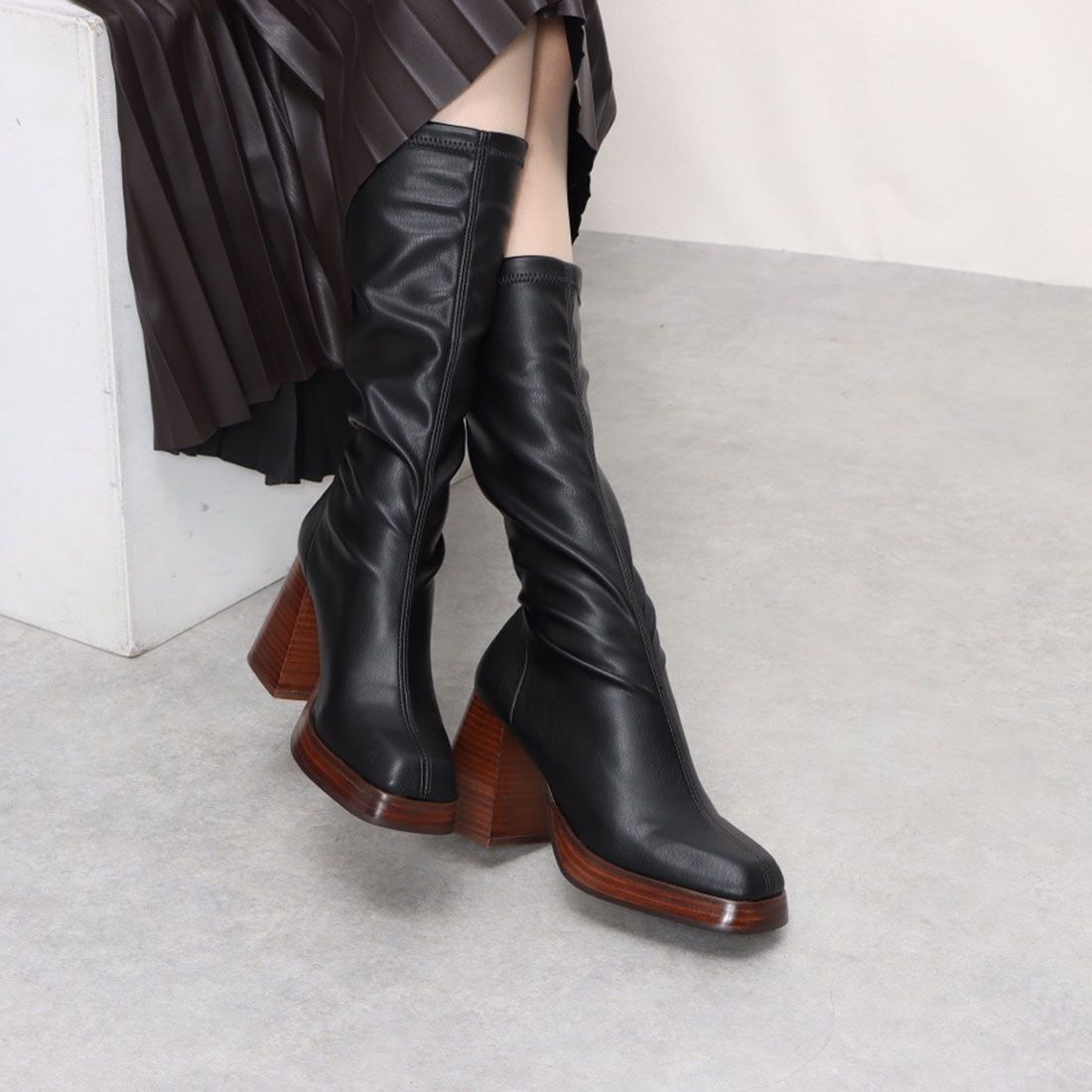 アンヘル アラルコン ANGEL ALARCON チャンキーヒールストレッチブーツ