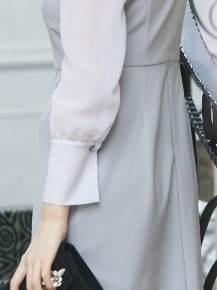 レースレイヤードVネックタイトワンピース (ネイビー×ライトグレー(NE)) ブルー