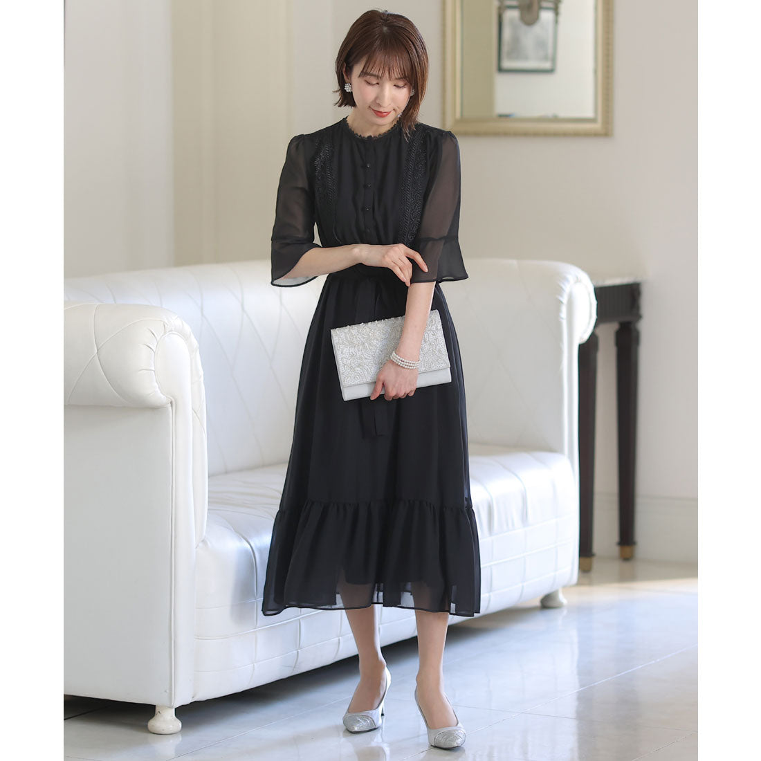 プールヴー PourVous ベルスリーブパーティードレス大きいサイズロング&七分袖結婚式フォーマル ワンピース 20代 30代 40代 (ブルー) ブルー