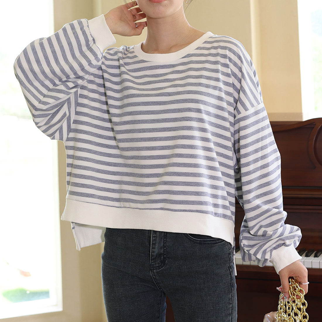 アミュレット Amulet ストライプトップス ルーズオーバー シルエット コットン ブレンドバルーンスリーブ ボーダープルオーバー (ブラック) ブラック