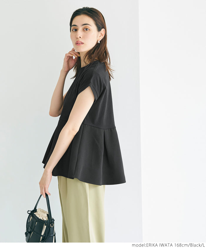 コカ coca 異素材切り替えフレンチスリーブフレアトップス (White) White