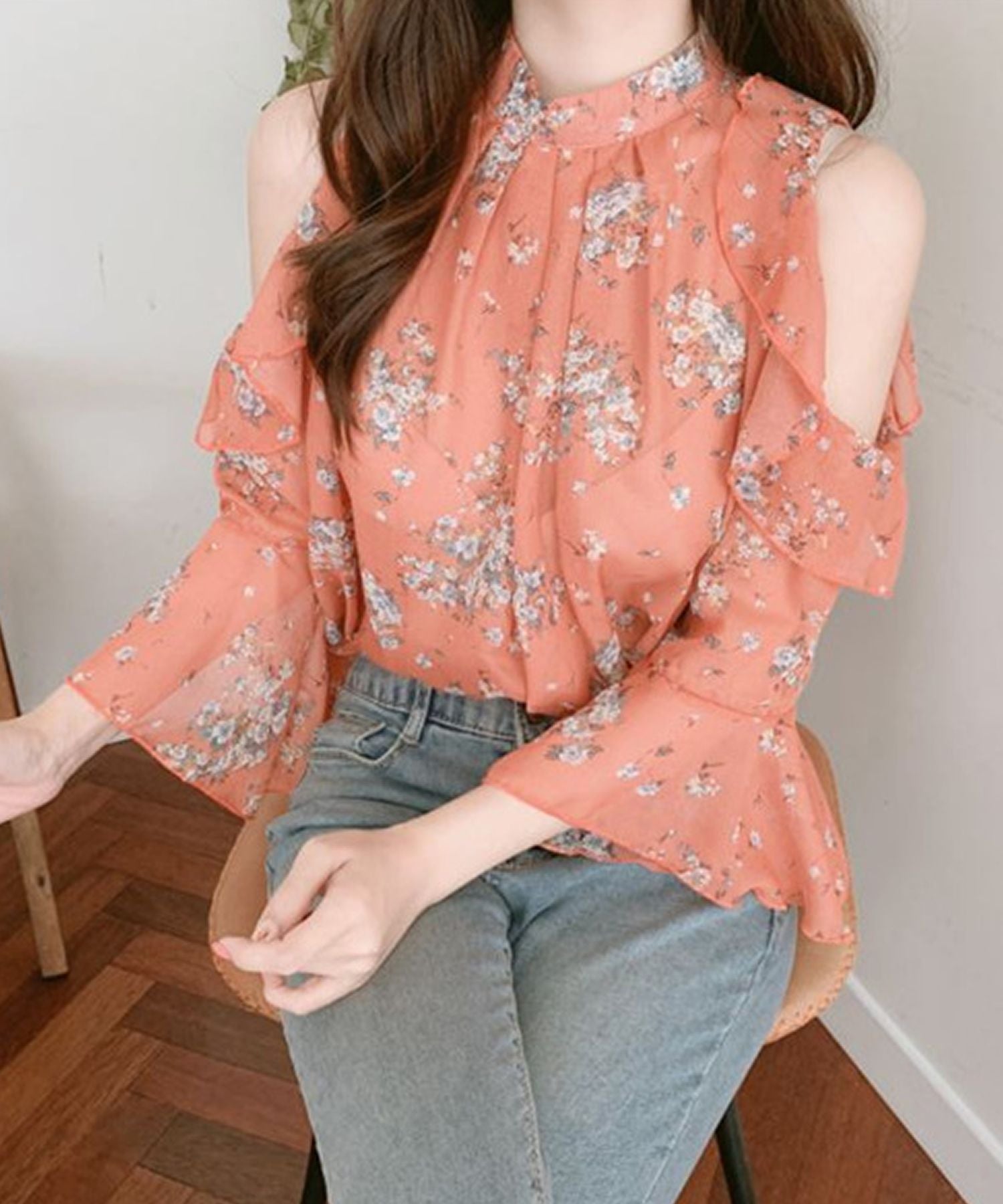 グランディール Grandeir オープンショルダー小花柄シフォンブラウス