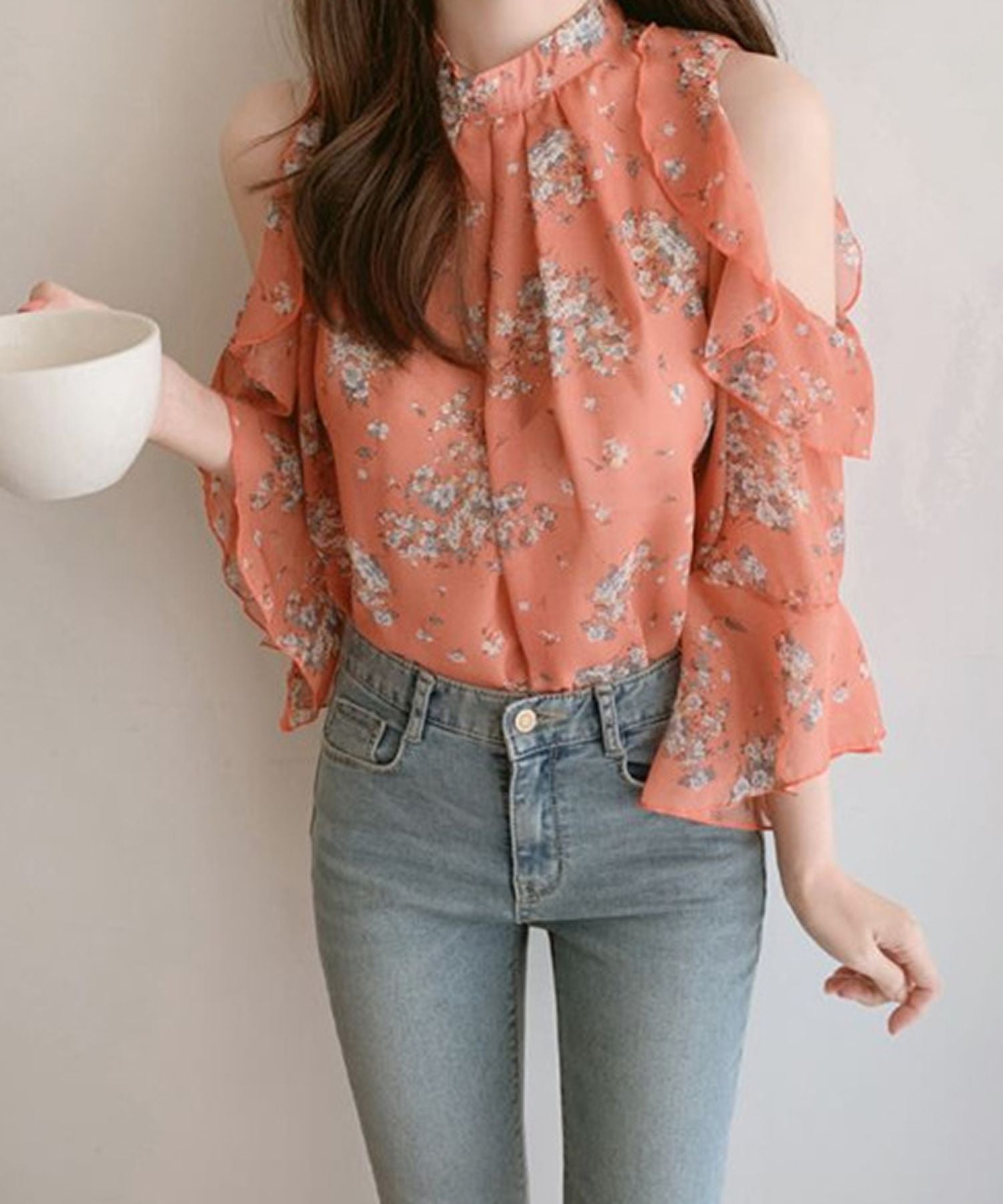 グランディール Grandeir オープンショルダー小花柄シフォンブラウス