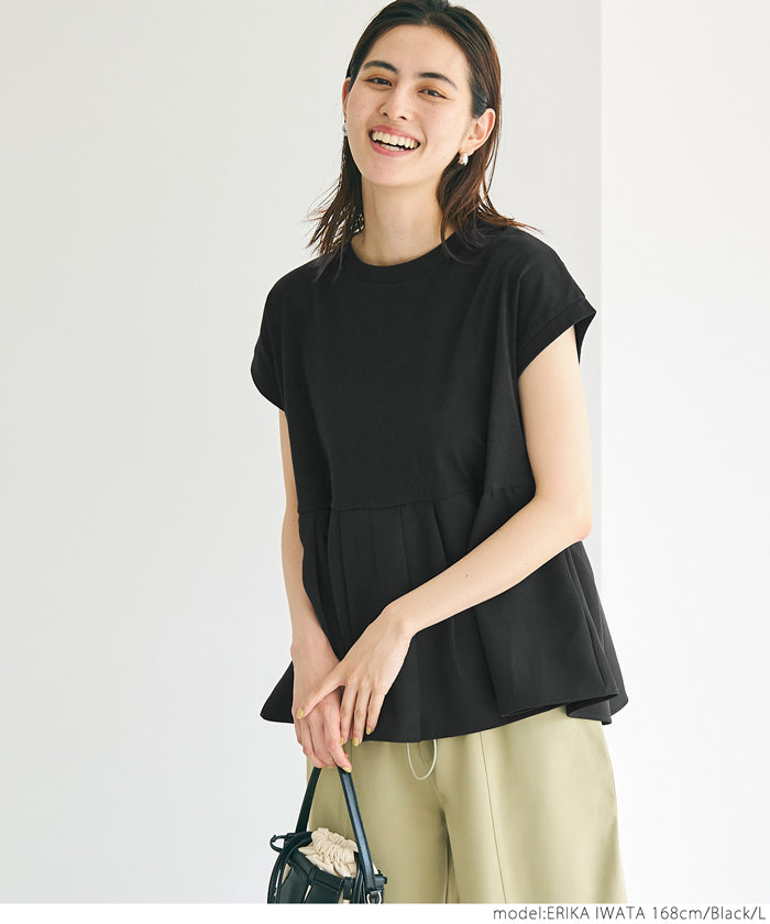 コカ coca 異素材切り替えフレンチスリーブフレアトップス (White) White