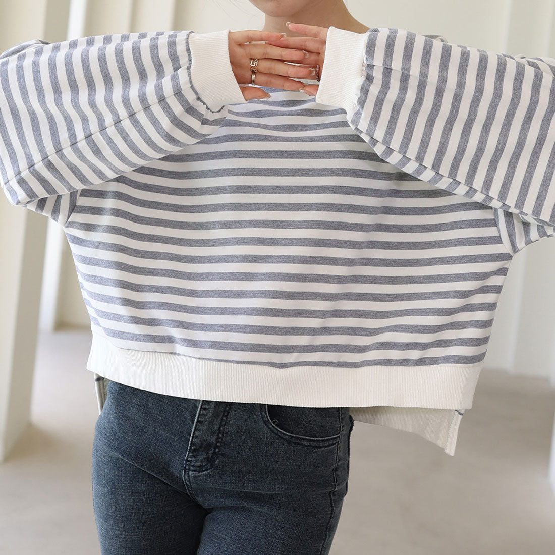 アミュレット Amulet ストライプトップス ルーズオーバー シルエット コットン ブレンドバルーンスリーブ ボーダープルオーバー (ブラック) ブラック