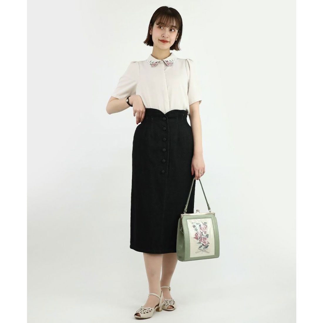 アンアナザーアンジェラス an another angelus フロント釦ハイウエストタイトスカート【洗える】