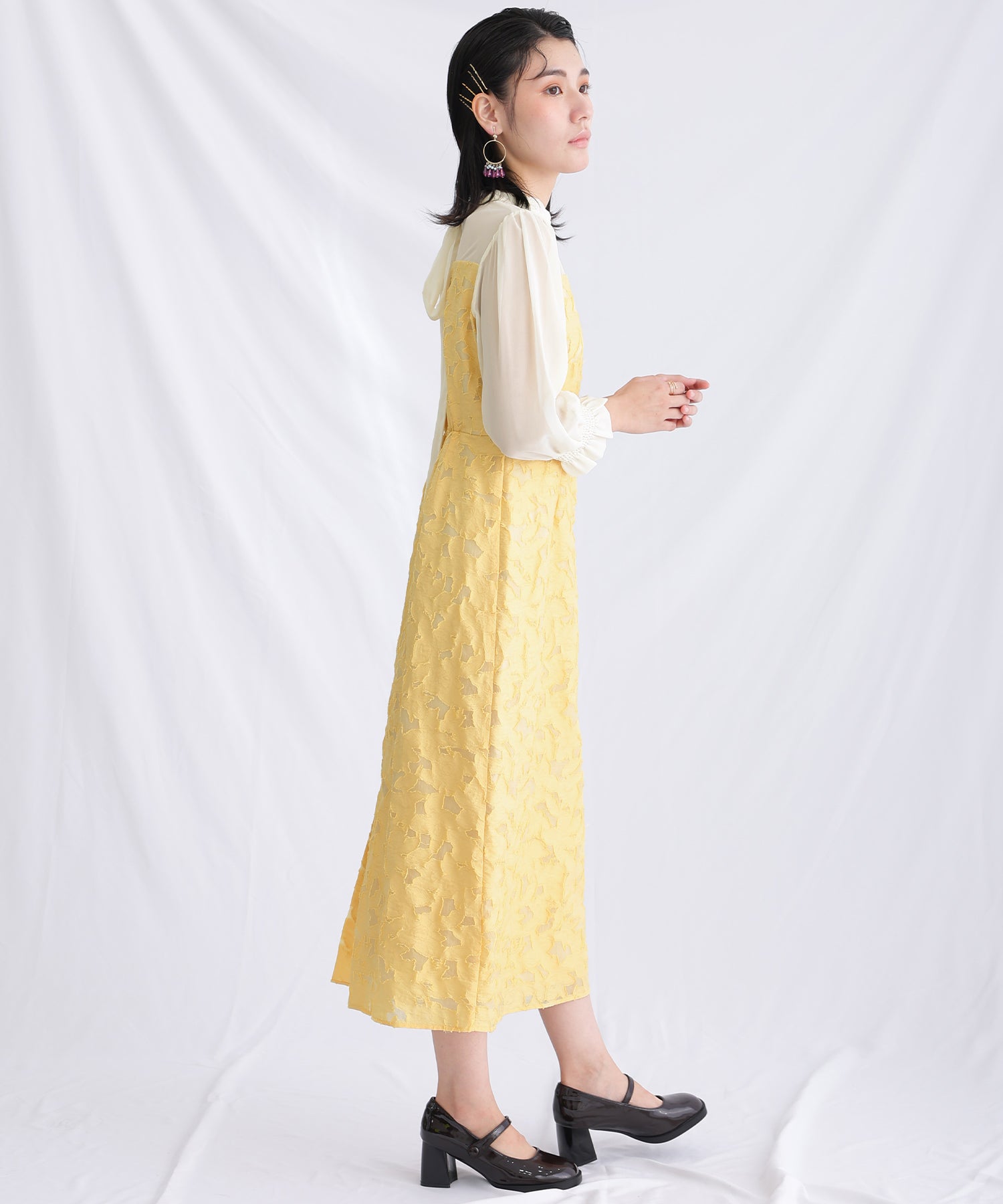 プールヴー PourVous 結婚式パーティードレスミモレ丈と袖ありジャガードお呼ばれフォーマル ワンピース 20代 30代 40代 (イエロー) イエロー