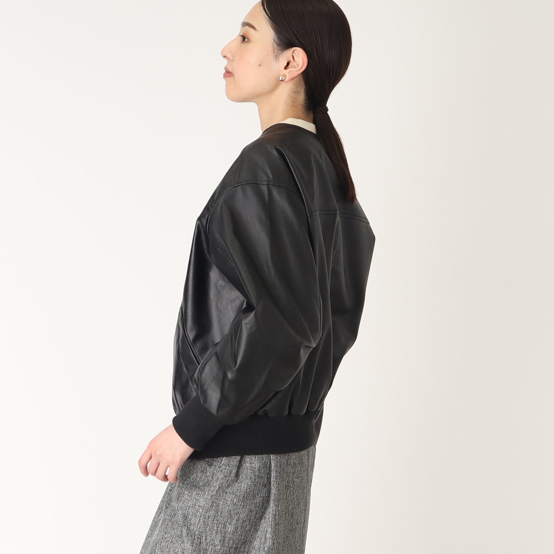 ザ ショップ ティーケー (ウィメン) THE SHOP TK(Women) 袖タックノーカラーフェイクレザーブルゾン (ブラック(019)) ブラック(019)