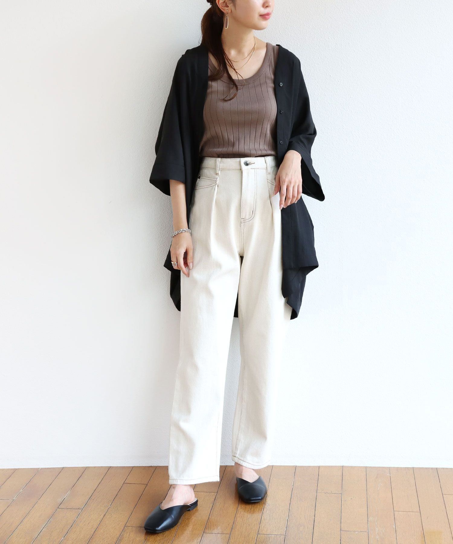 アンドミー andme コットンツイルハイウエストワイドパンツ ウエストゴム